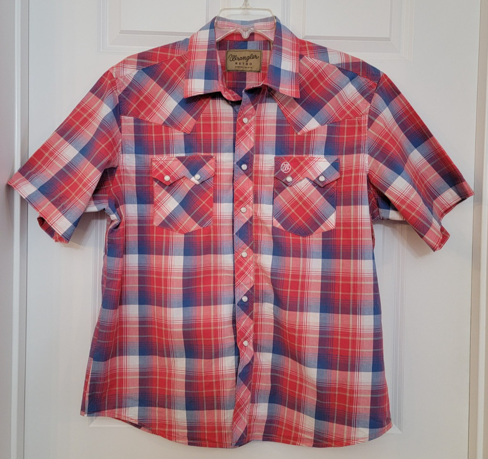 Wrangler Men's Shirt Red Blue Plaid Retro Western Pearl Snap Pockets Size XL